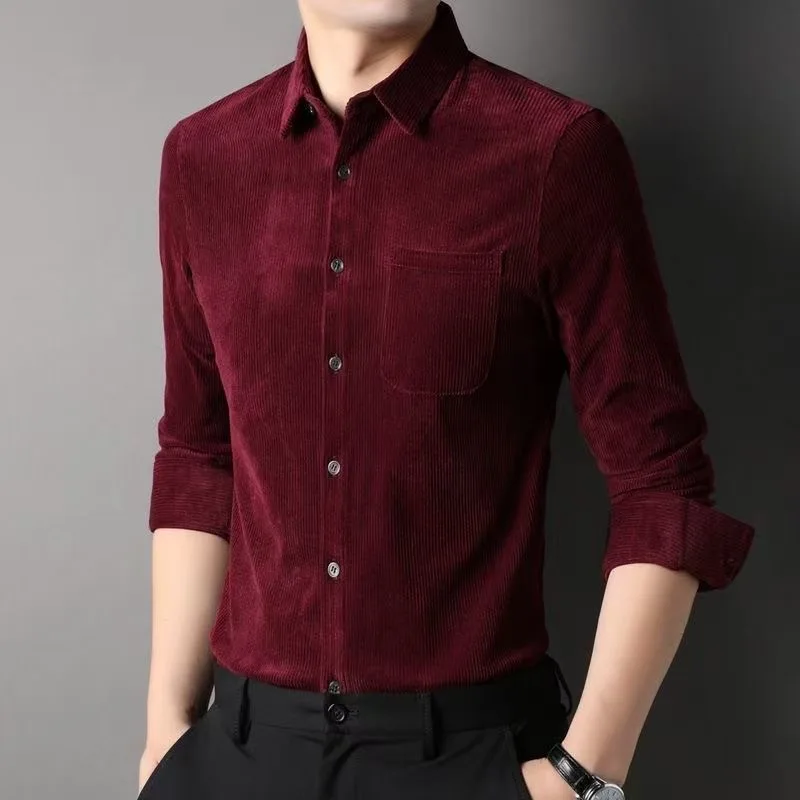 

Faionable Fce Lined Long Sve Men's irt Casual Busin Sle Warm Polyester Fiber Stand Fit Autumn Winter New Ar...
