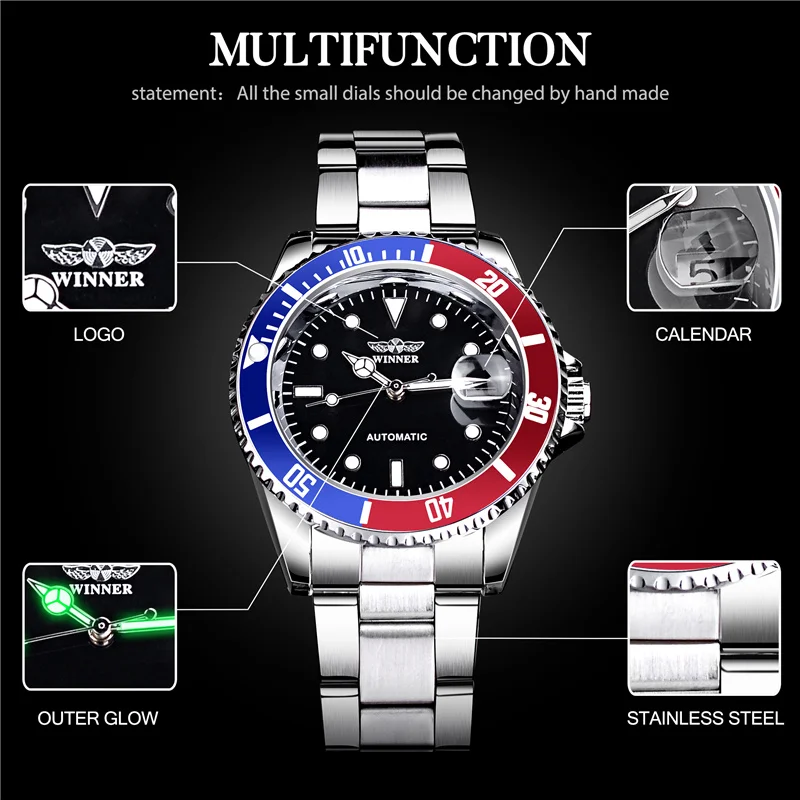 WINNER 002 Reloj mecánico automático informal para hombre, reloj de pulsera luminoso resistente al agua con correa de acero inoxidable, relojes con calendario para hombre
