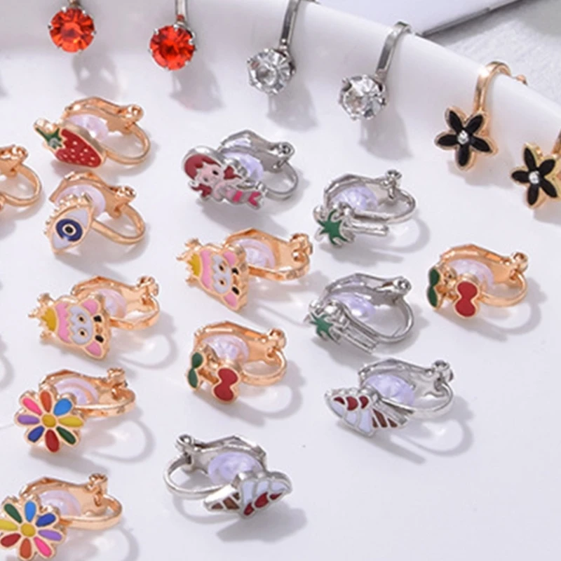 20Pairs Clip-on Earrings Rainbow Girls Flowers Fruit Earrings Ladies Mixed Color Non-perforated Earrings Set D5QB