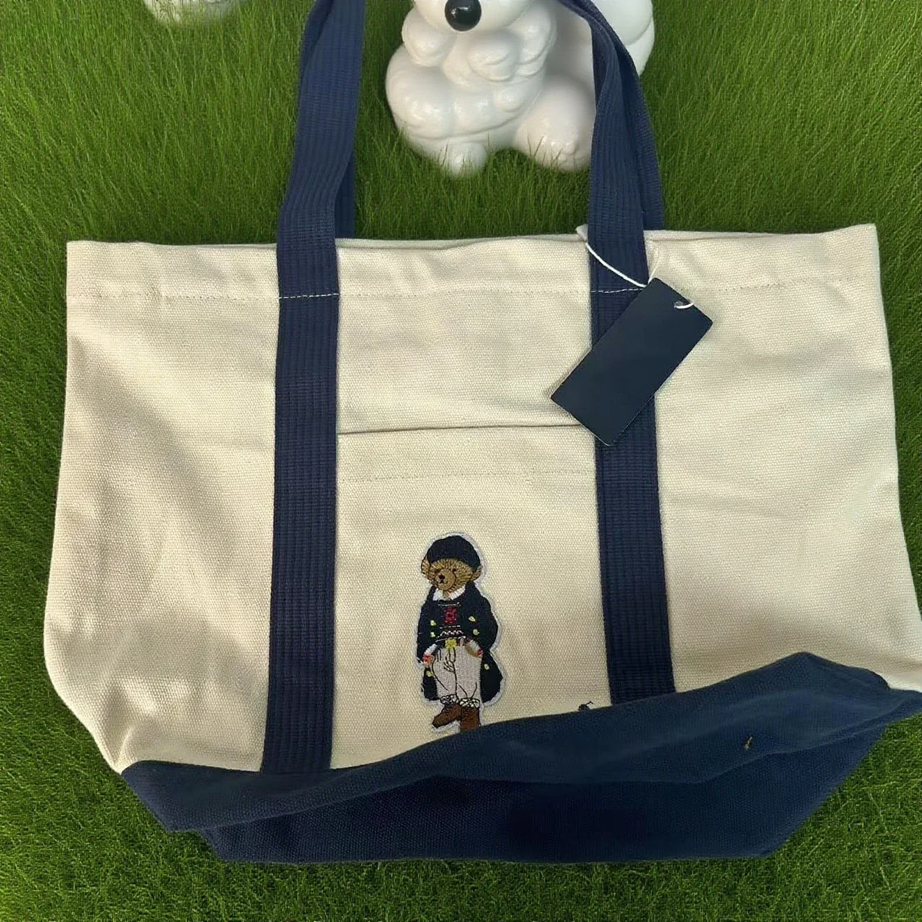 

Designer Twill Tote with Embroidery - Contrast Polo Striped Handles, Black Durable Canvas Library Book Bag