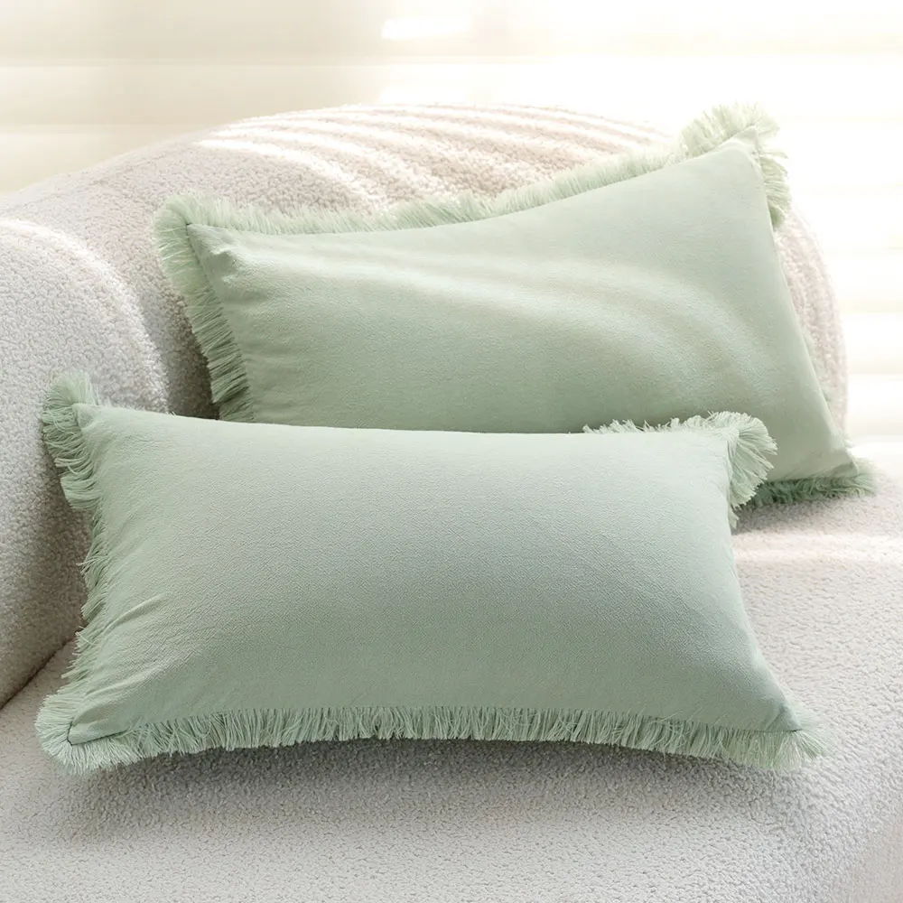 2pcs Breathable Soft Fringe Cushion Cover 30x50cm Light Green Lumbar Pillow Case for Sofa Bed Living Room Home Decor (No Insert)
