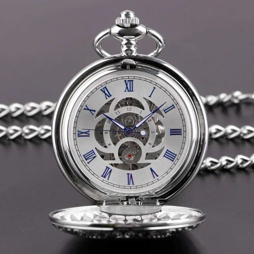 

Роскошные серебряные механические карманные часы для мужчин и женщин, гладкий корпус, римские цифры, циферблат, мужской брелок с подвеской на цепочке, часы PJX1722