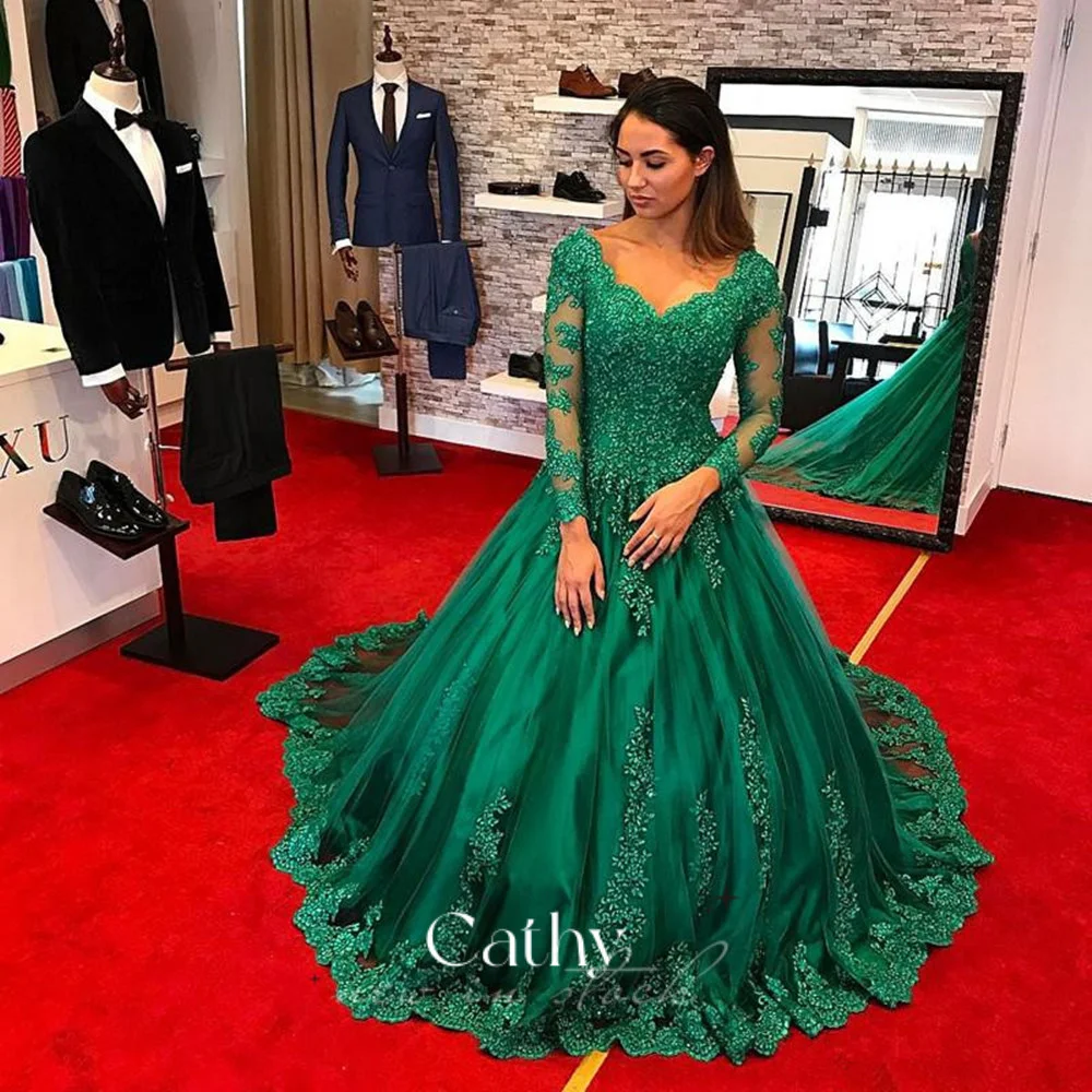 Cathy Sexy Long Sleeve فساتين السهرة Elegant Ball Gown Prom Dress Luxury Lace Embroidery Party Dresses Green Vestidos De Noche