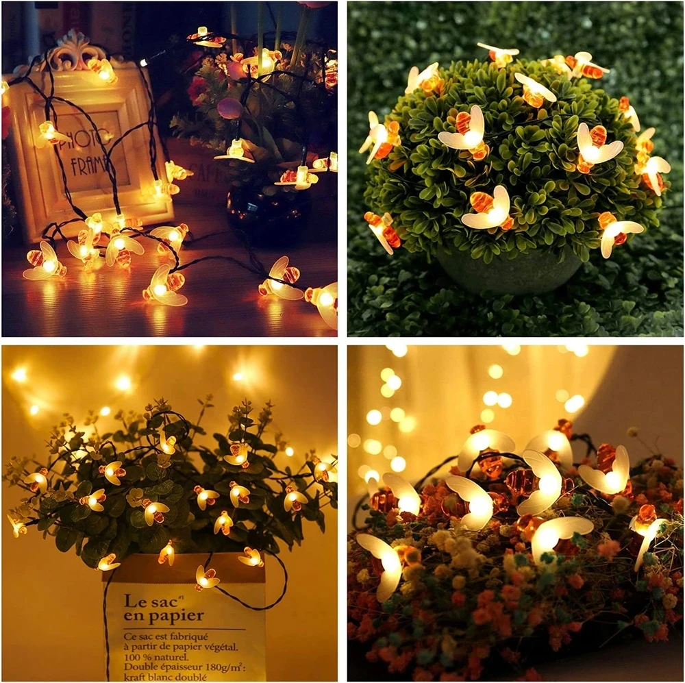 Solar String Light 100 LED Cute Bee Outdoor Light Wedding Home Garden Patio Party Christmas Tree Honeybee  Fairy Decor Lamp