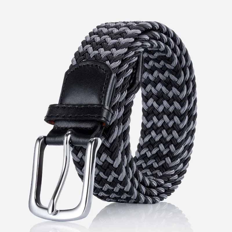 Western 3.4cm Wide Braided Canvas Silver Pin Buckle Men Belt Fashion Woven Belt with Jeans Causal Pants