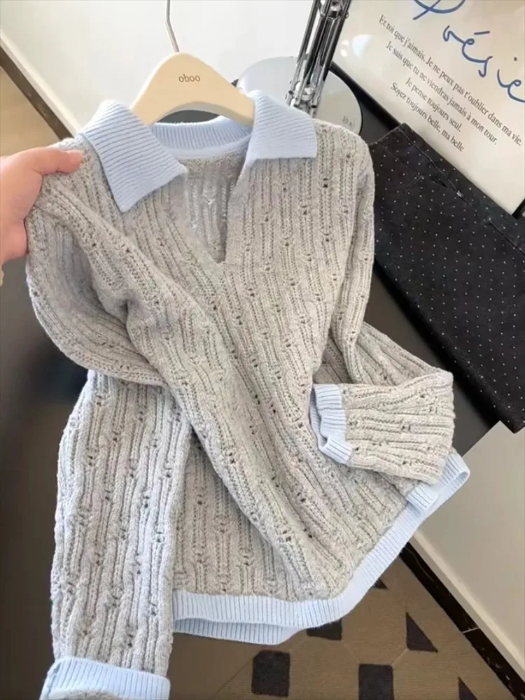 

Korean Sle Hollow out Color Blo V Ne Fake Two Piece Knitted Sweater Women's Autumn Design Lazy Trendy Youthful Top