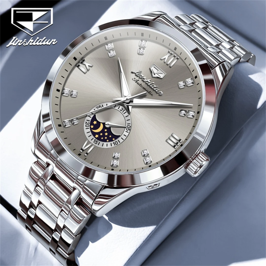 

JSDUN 8969 Fashion Mechanical Watch Gift Round-dial Stainless Steel Watchband Wristwatch Luminous