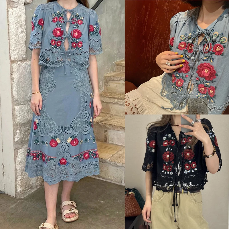 

Ele Ранняя весна ort Sve, кружевная отделка с вышивкой, круглый топ, женский топ с узлом, цветочный принт, дышащая смесь хлопка