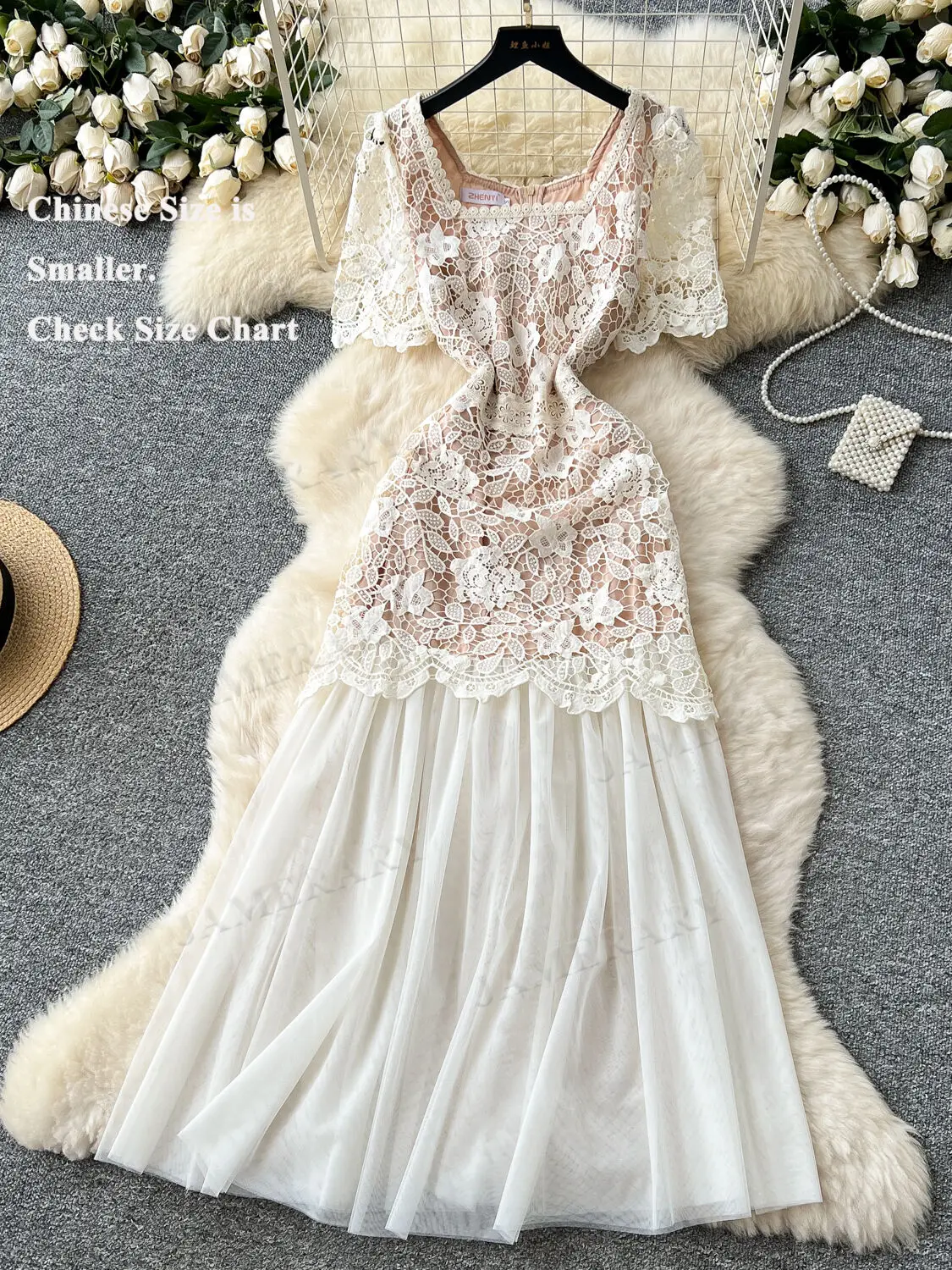 Damska Letnia Sukienka Midi z Siateczki, Koronki i Haftu, z Krótkim Rękawem, Wycięciami, na Bal, Wieczór, Imprezę, Sukienki Vestidos, Markowy Design