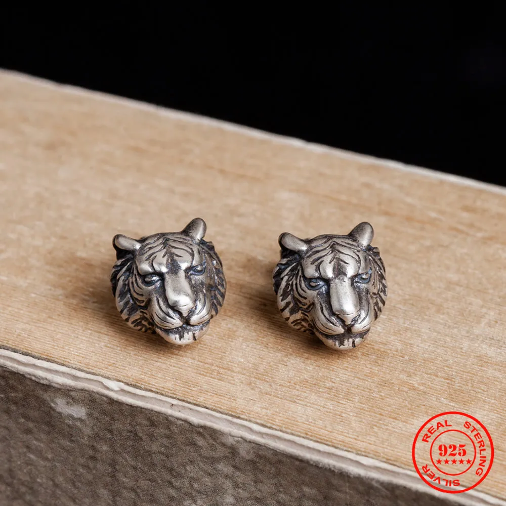 YIZIZAI Real 925 Sterling Silver Mini Animal Ear Studs Classic Gothic Hip-hop Style Tiger Stud Earring For Men Women's Gift