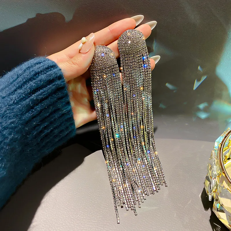 FYUAN długi Tassel Rhinestone spadek kolczyki dla kobiet Ovsize kryształowe kolczyki zwisają biżuteria