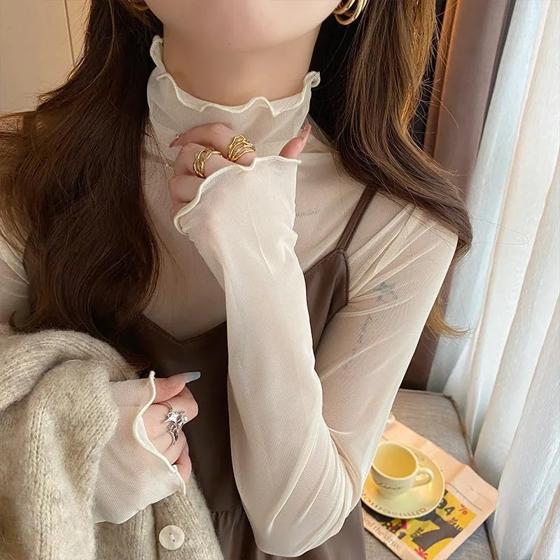 Sexy Women T Shirt See Through Transparent Tops Long Sleeve Ladies T-Shirt Pink Green Basic Top for Female Bottoming Blouses