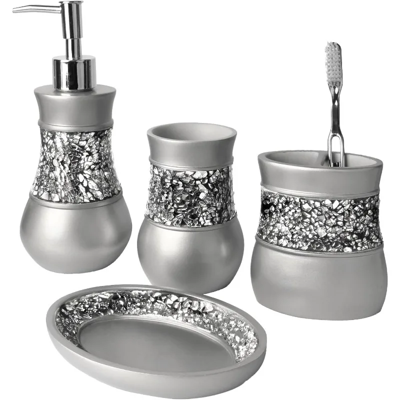 Crackled Glass Silver Bathroom Accessories Set - 4 Piece Bathroom Decor Set for Home, Bath Restroom Set Features Soap Dispenser