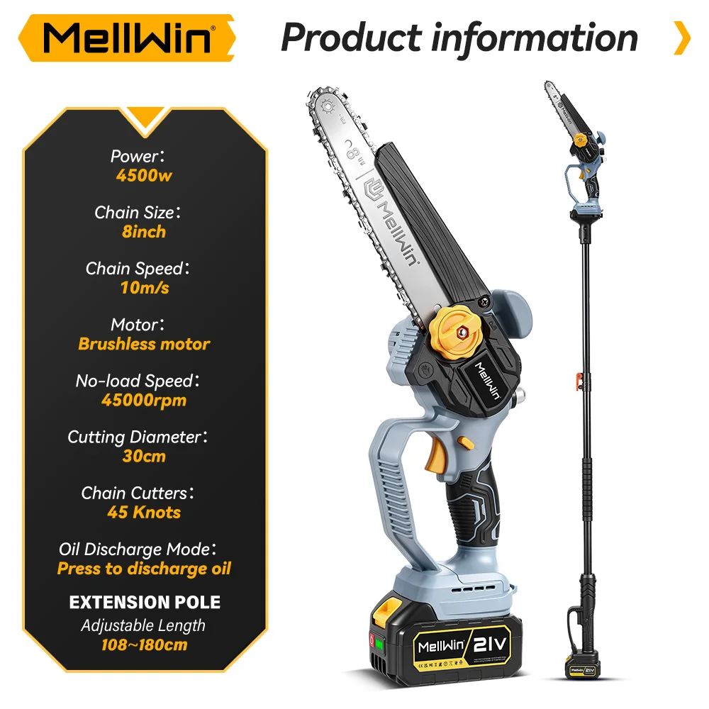 MELLWIN Electric Pole Chainsaw 8 Inch Brushless Telescoping 2 in 1 High Branch Saw Garden Pruning Tool for Makita 18V Battery Pin - Image 6
