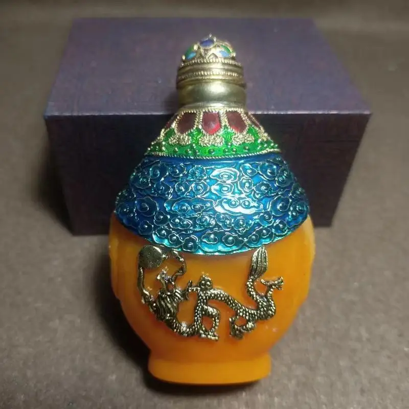 Antique Collectible Item: Double-Sided Copper And Amber Inlaid Cloisonné Snuff Bottle, Smoking Accessory