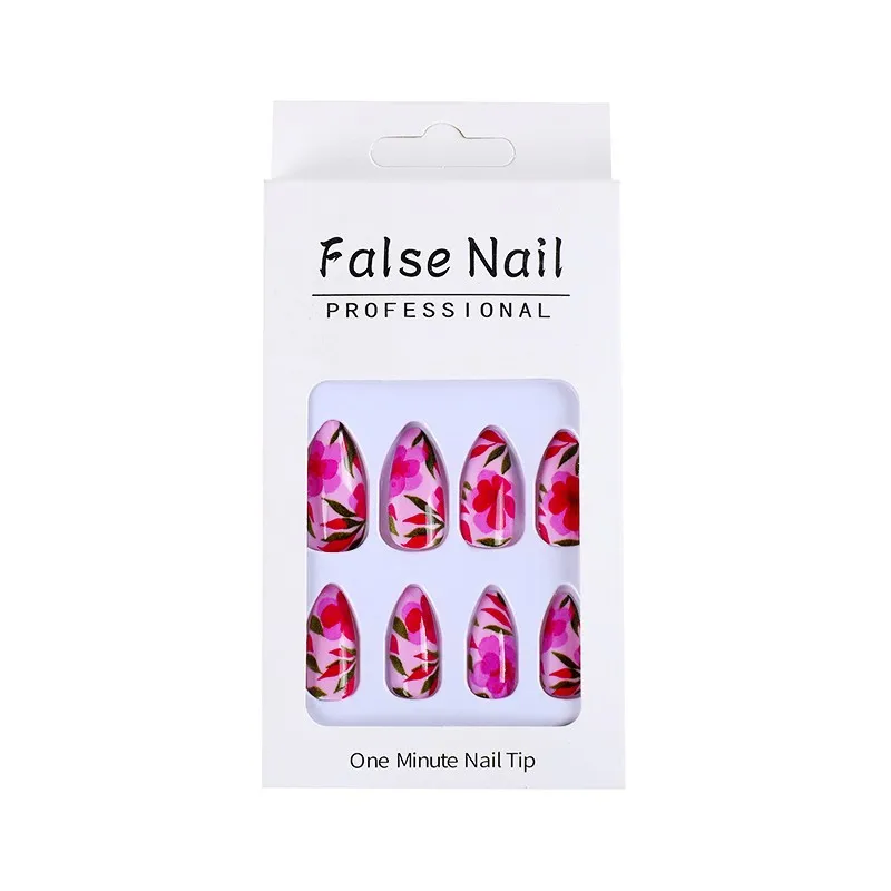 24pcs Flowers Fake Nails Almond Head Press on Nails Patch Fashion Nail Beauty Fake Nail Tips for Girl Women Wearable Full Cover