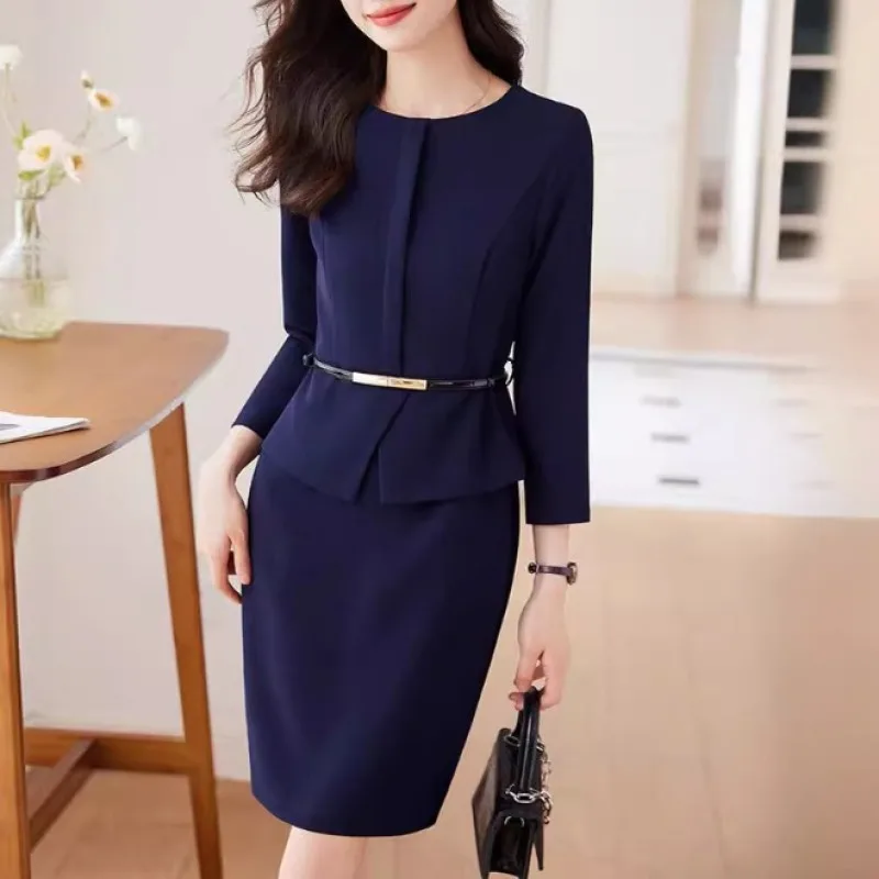 Women's Professional Dresses Suits, Women's Slim Temperament, Hip Dress Skirts, Hosts, Hotel Office Lady Overalls with Belt