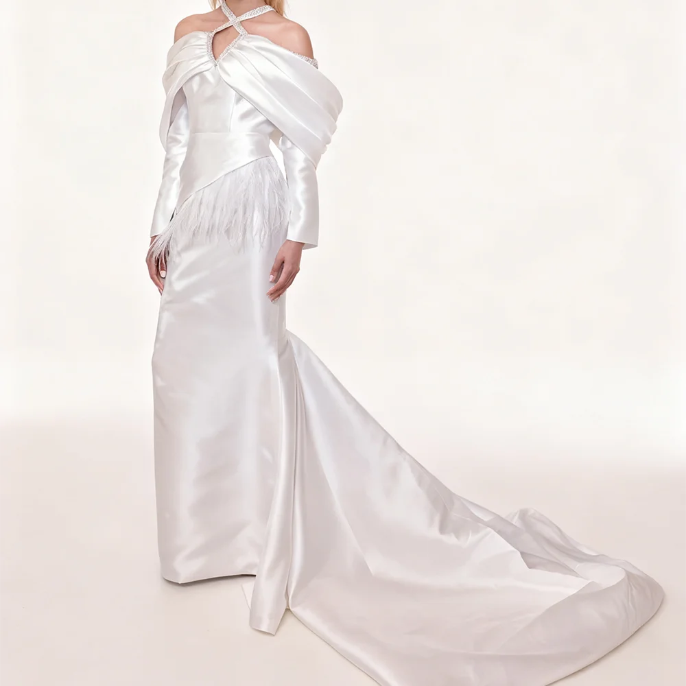 Classic Off Shoulder Beading Ruffles Full Sleeve Straight Bride Wedding Dresses Bridal Gowns Customized
