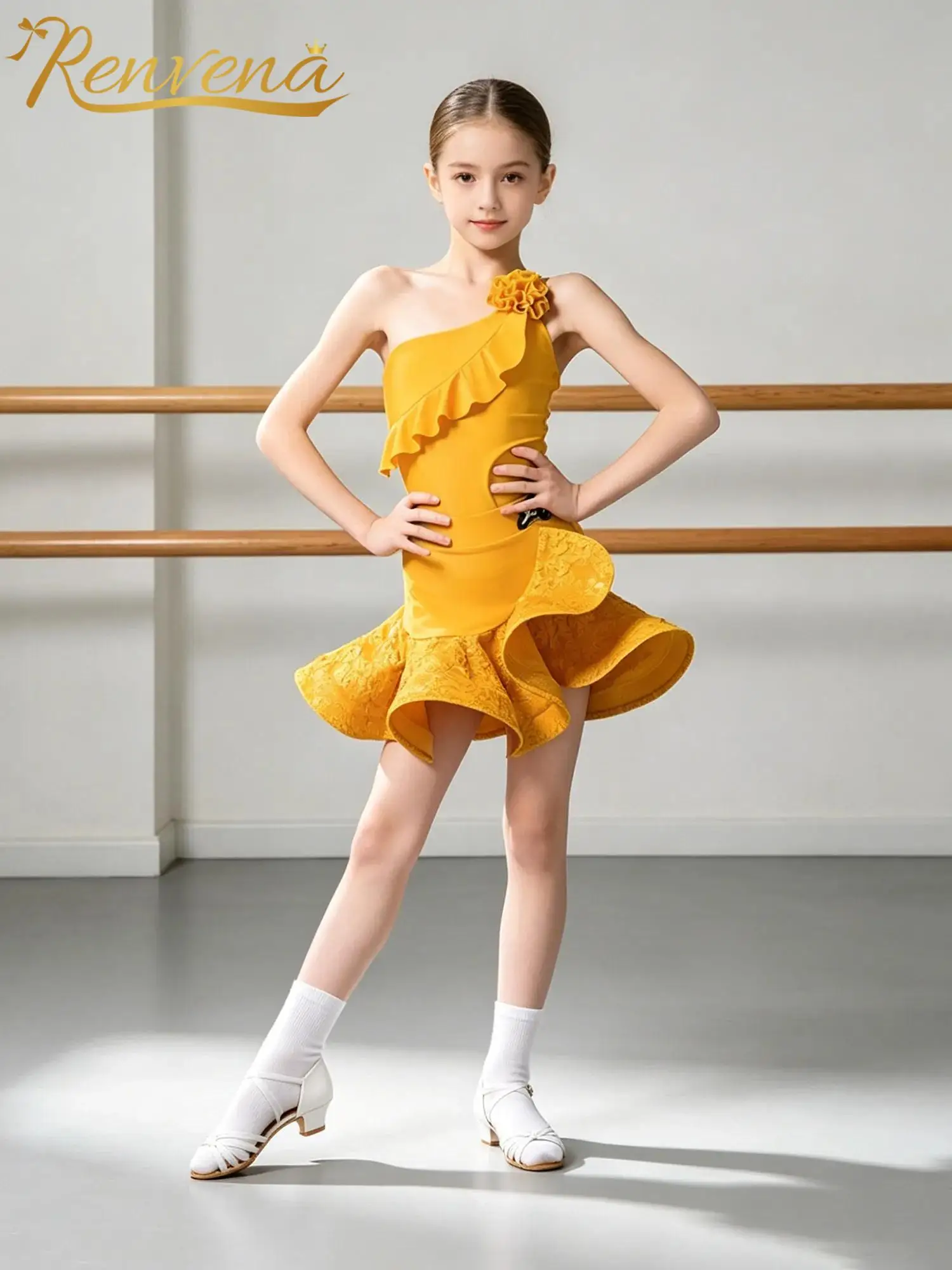 Cha-cha Salsa Ballroom Dancing Practice Performance Costume Kids Girls Tango Dresses One Shoulder Ruffled Latin Dance Dress