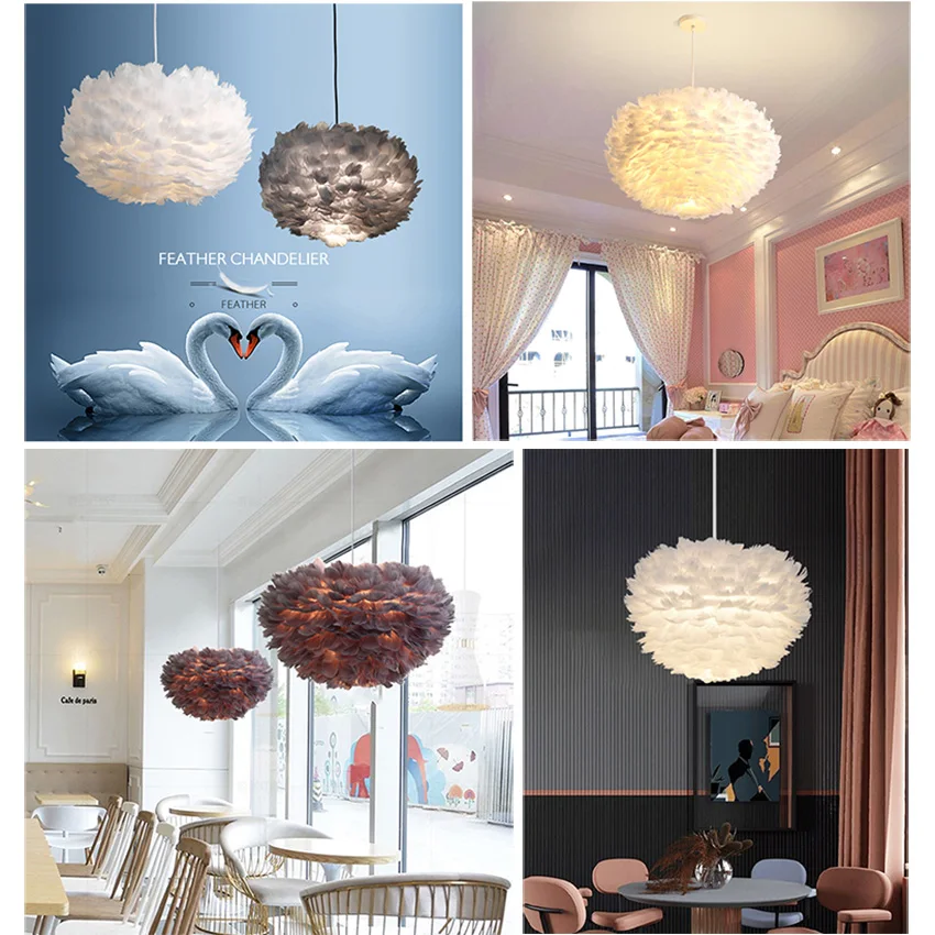 SANDYHA Modern Feather Hanging Lamp Couple Bedroom Pendant lighting Luxury Living Room Chandelier with Feathers Lampshade Light