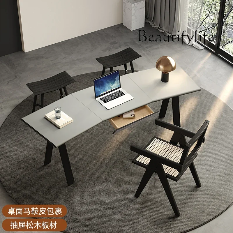 Italian minimalist desk, simple special-shaped office and learning integrated high-end solid wood desk and chair