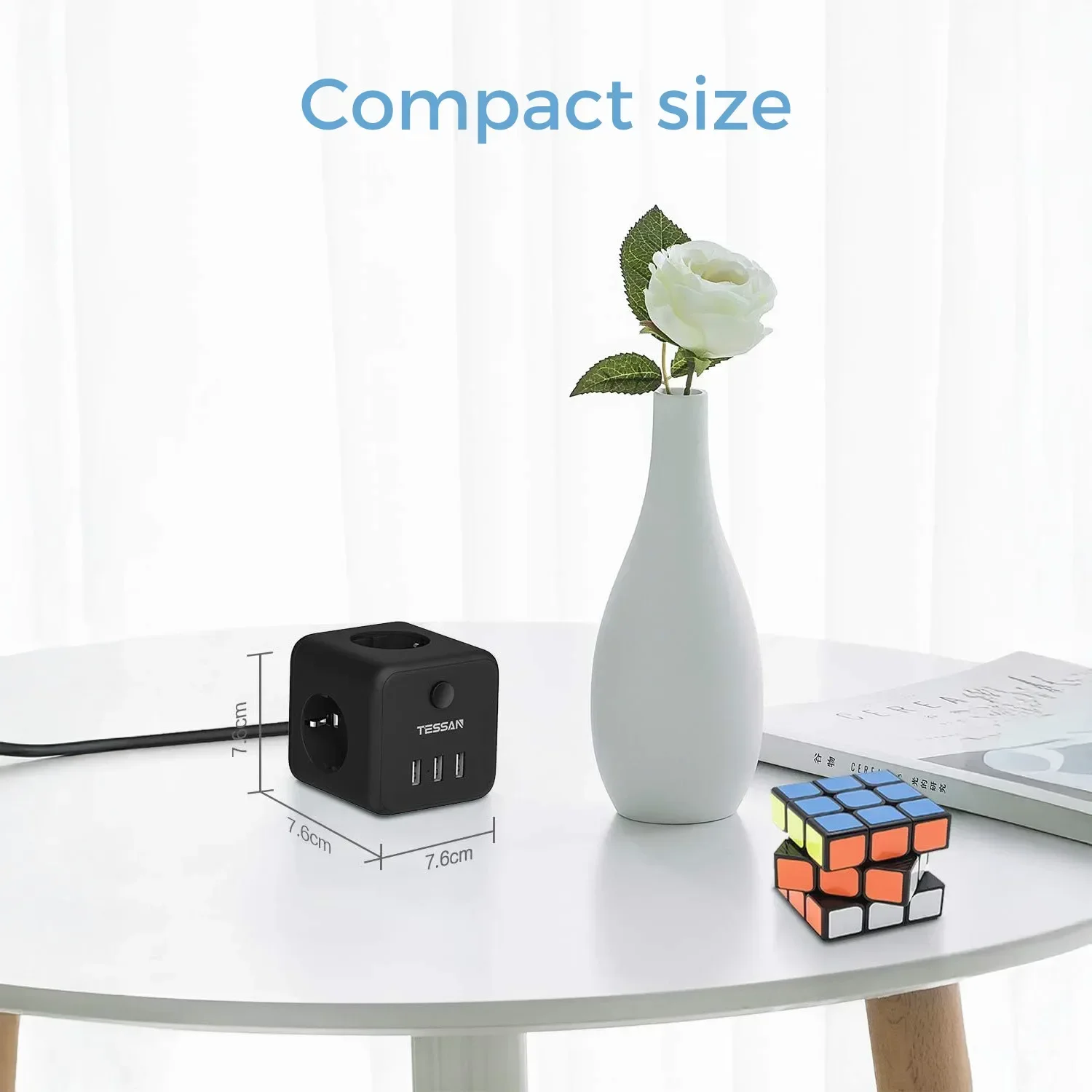 شريط طاقة مكعب من تيسان مع محول موسع مقبس توصيل الاتحاد الأوروبي مع 3 منافذ و3 منافذ شحن USB مع كابل 1.5 متر للمنزل