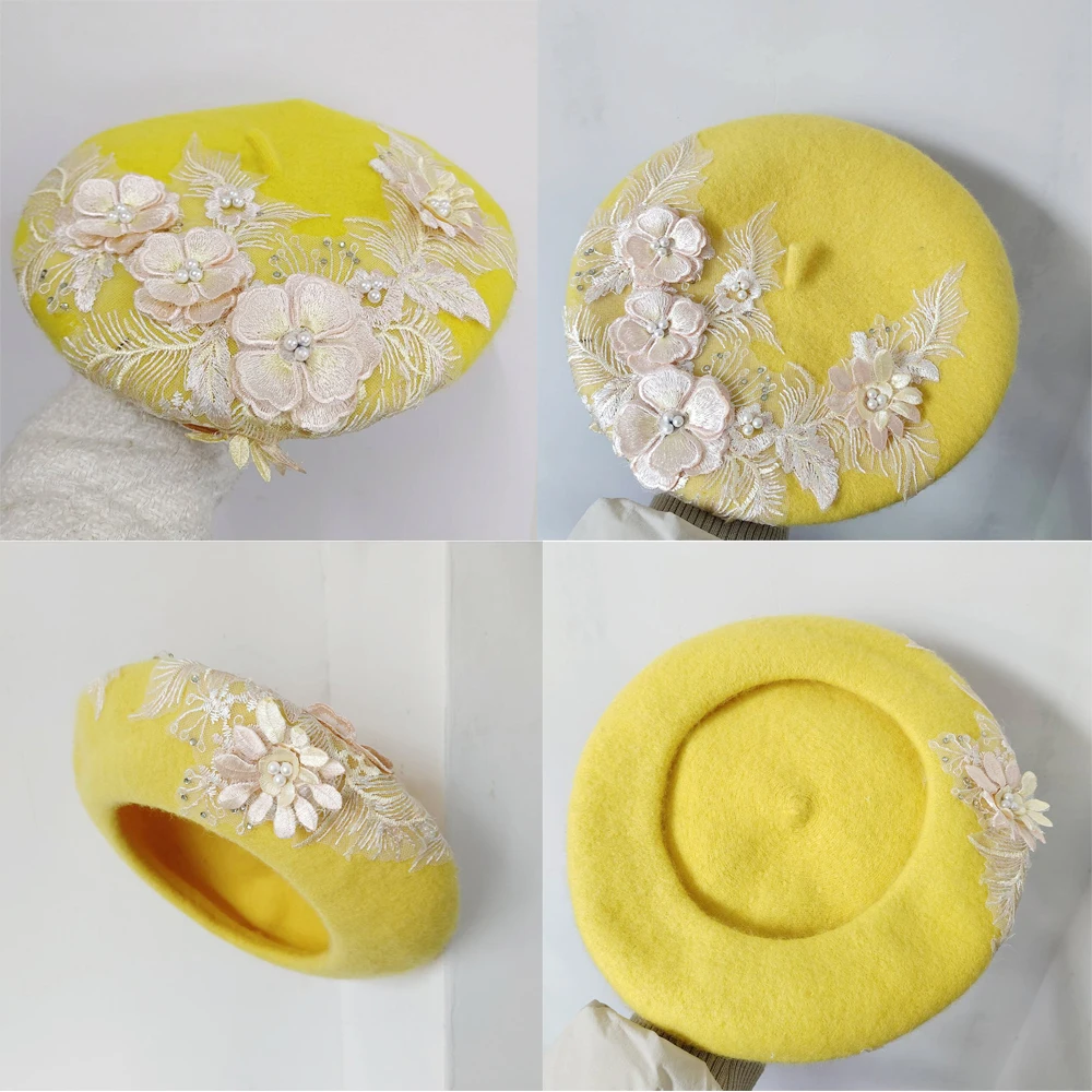 

Winter hat beret bright yellow women's wool three-dimensional flower lace applique beret retro elegant beret painter hat 베레모