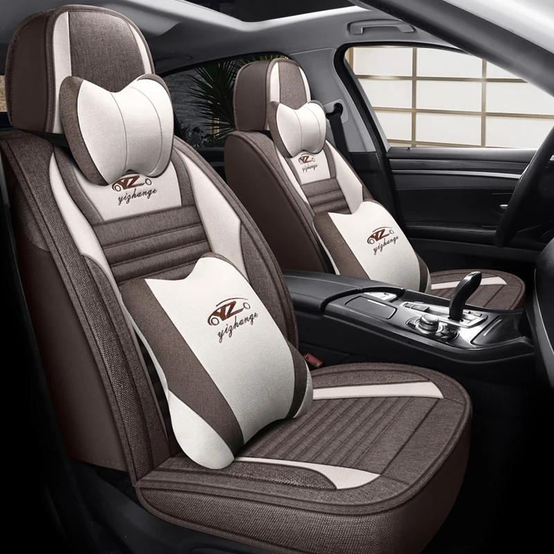 

Front Single Seat, Luxurious Linen Full-Cover Car Seat Cover, Universal, Comfortable, Breathable, Wear-Resistant, Suitable for All Seasons, Fits the Seat Well, Paired with Luxurious and Comfortable Headrest and Lumbar Support, Enhances Your Driving Experi
