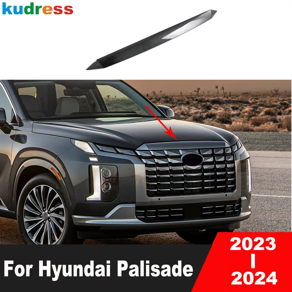 Front Engine Cover Trim For Hyundai Palisade 2023 2024 Carbon Fiber Car Front Machine Hood Molding Strip Sticker Accessories