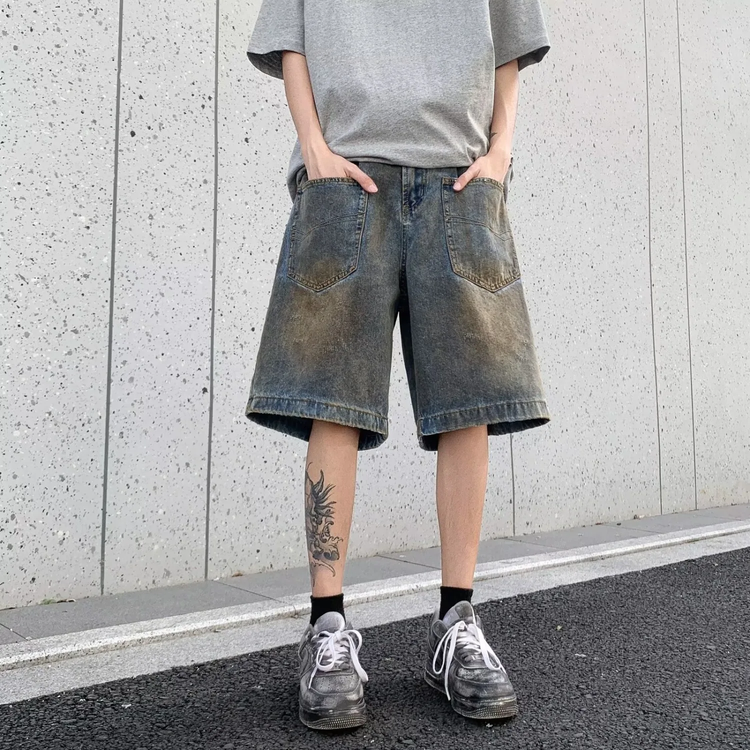 Retro American Waed Denim Shorts Men Women Summer New Loose Fit Five-Quarter Pants Youth Trendy Wear Resistant Straight Leg