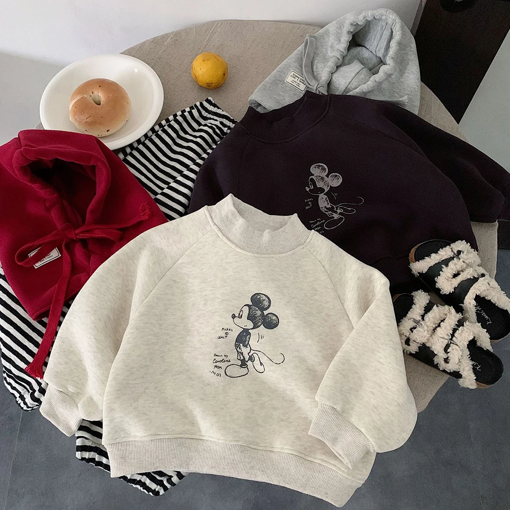 

Детская теплая толстовка с капюшоном, новинка зимы 2021, унисекс, повседневный топ унисекс с Микки Маусом, одежда для мальчиков и девочек, универсальный пуловер для детей