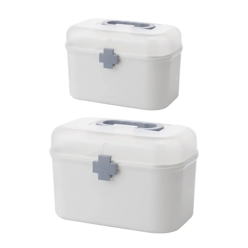 Family Plastic Storage Box Double Layer First Aid Bin with Handle Removable Tray Portable Emergency