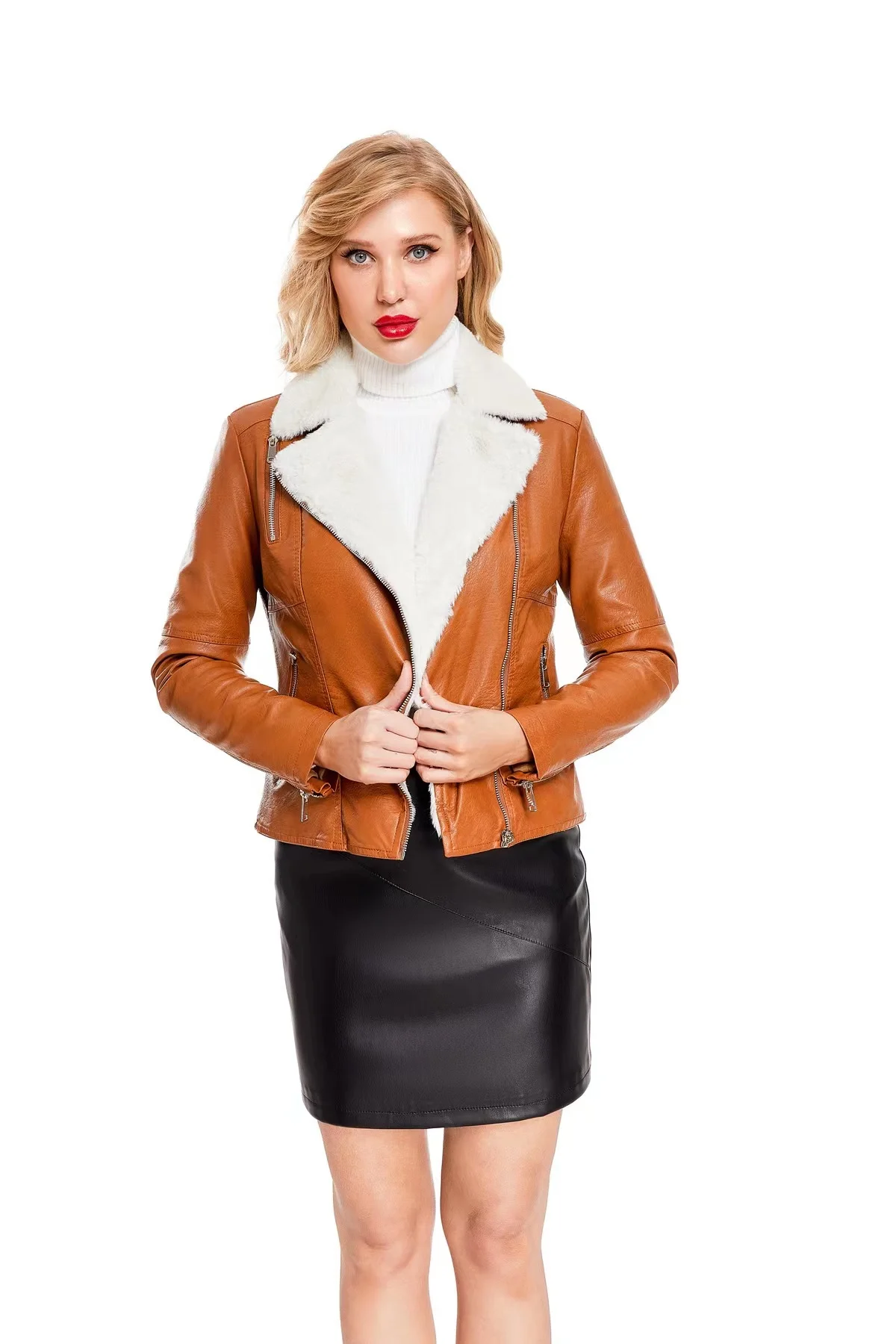 Manteau en fausse fourrure thermique automne/hiver, veste en cuir pour femme, Slim, veste de moto basique, manteau en peluche décontracté