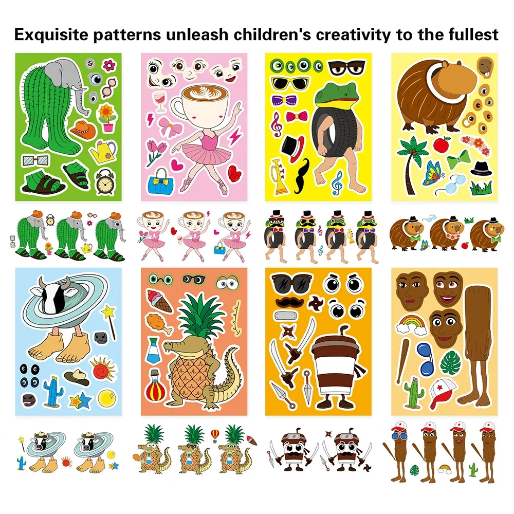 8/16Sheets Abstract Animal Make a Face Puzzle Stickers Tung Tung Sahur Italian Brainrot Animals Decal Assemble Jigsaw Kid Toys