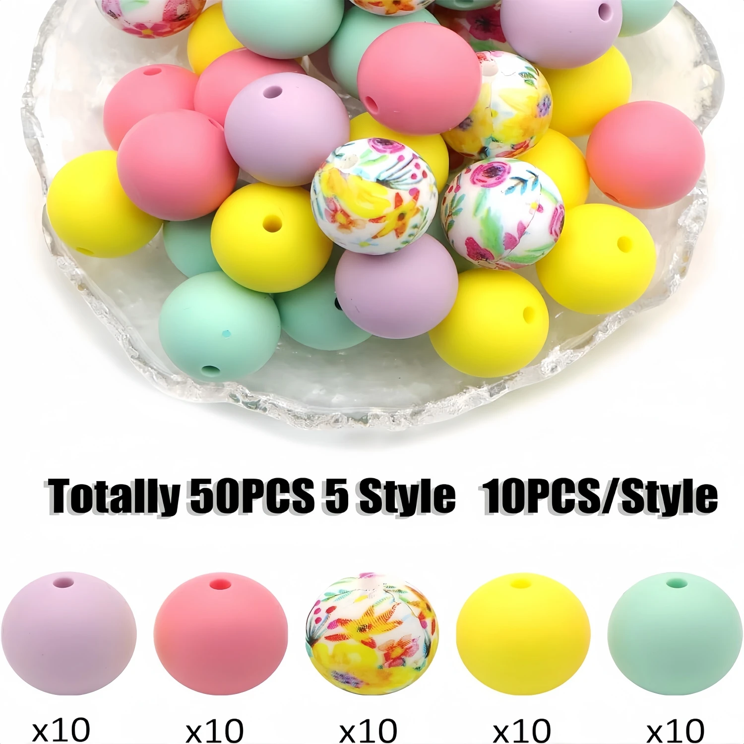 Floral Pattern Silicone Beads 15mm Silicone Beads Loose Round Silicone Beads Keychain Pen Tie Bangle Necklace Jewelry Making DIY Craft 50pcs