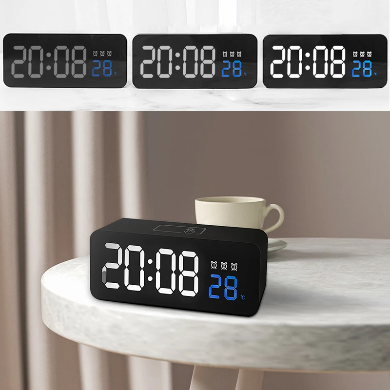 Mirror Alarm Clock LED Music Wall Digital Table Clock Time Temperature Display Voice USB Cable Electronic Clock Desk Decoration