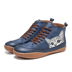 Selling Hot New Round Head Women's Front Lace-up Leather Boots Flat Casual Cat Head Women's Shoes Five-color Riding Boots