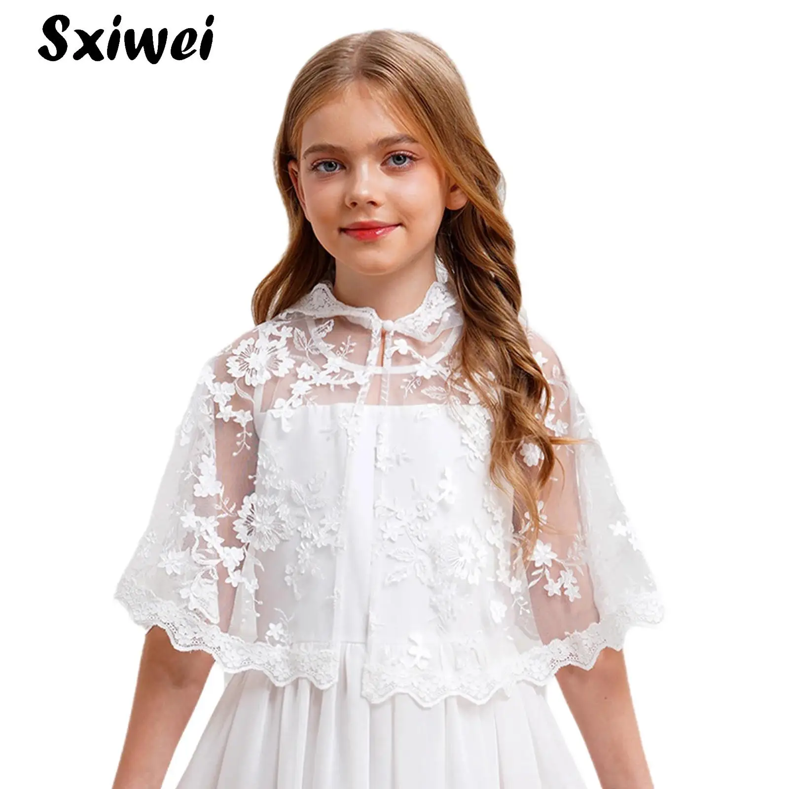 

Kids Girls Princess Sheer Lace Hooded Cape White Mesh First Communion Bolero Shrug Jacket Wedding Shawls Wrap for Party Dress