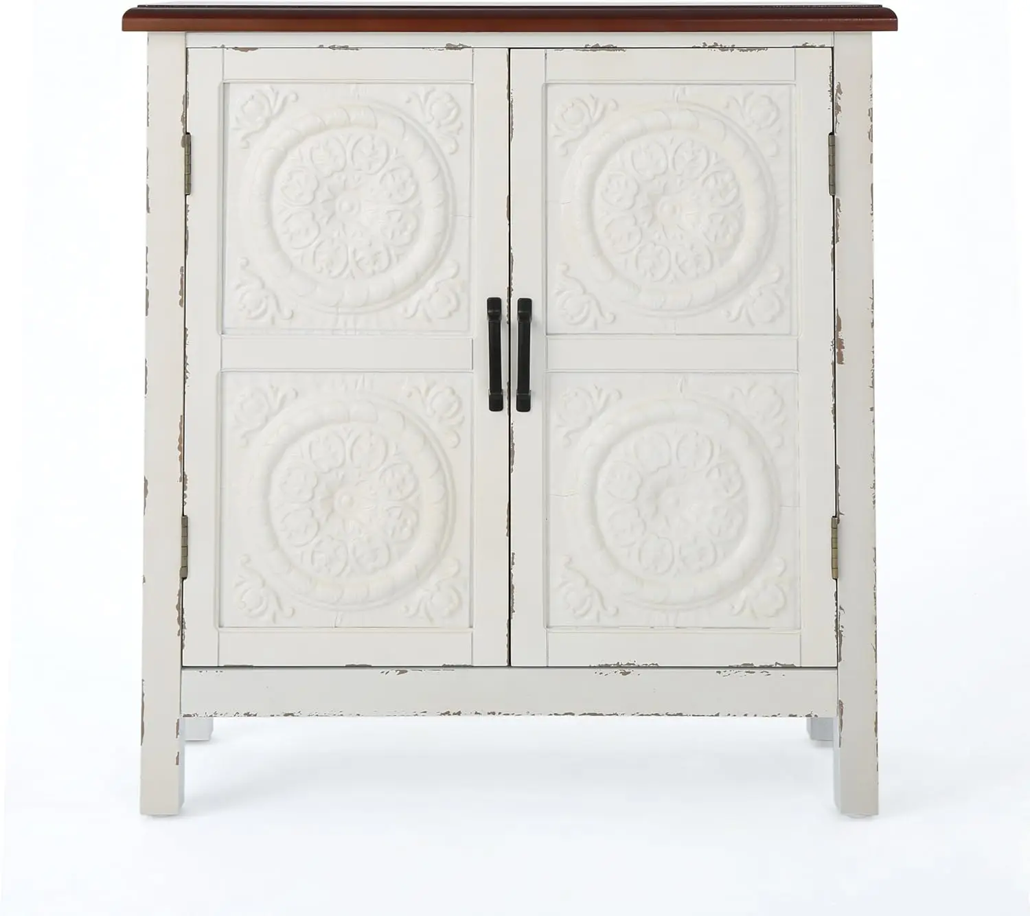 Alana Firwood Cabinet with Faux Wood Overlay, Distressed White / Brown