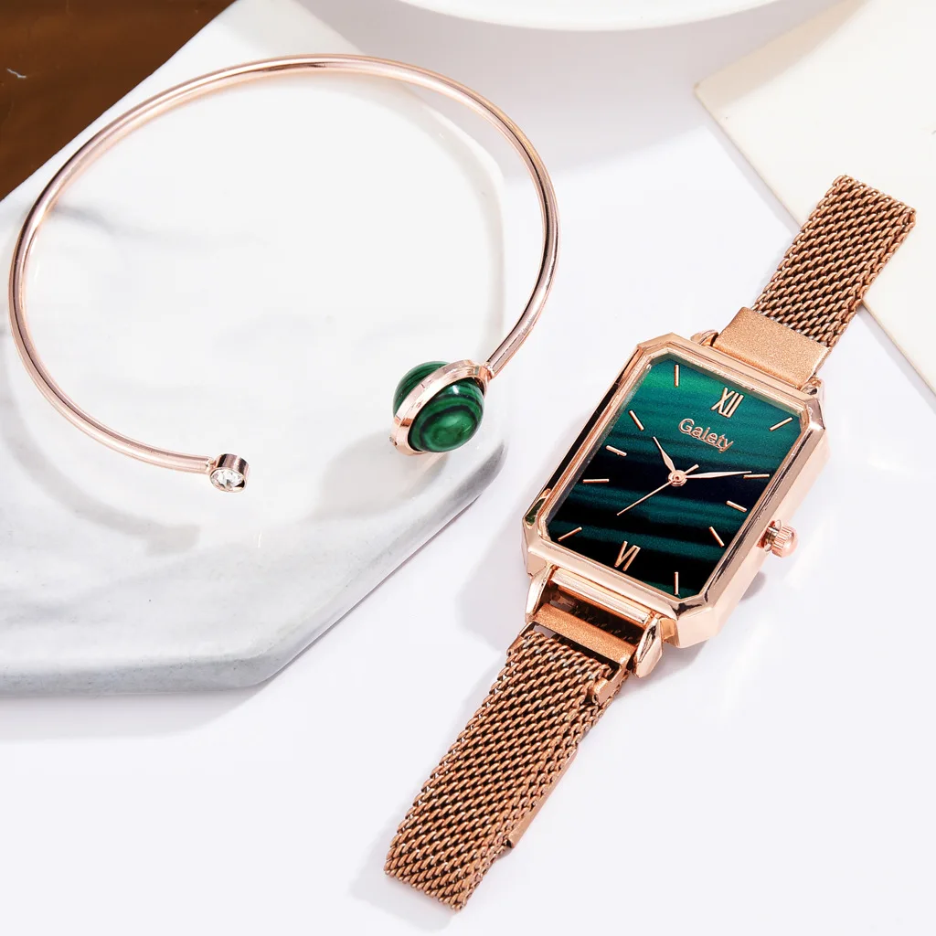 Fashionable New Women\'s Watch Alloy Mesh Belt Small Green Watches Korean Version Trend Lady Square Head Quartz Women Reloj Watch