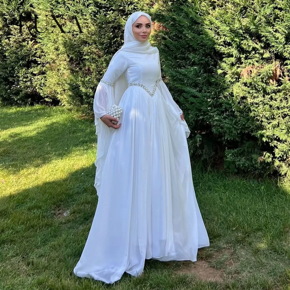 KUXA Muslimische A-Linie Brautkleider Saudi Dubai Formelle Kleider Volle Ärmel Perle Frauen Stehkragen Maßgeschneiderte Abendkleider 2026