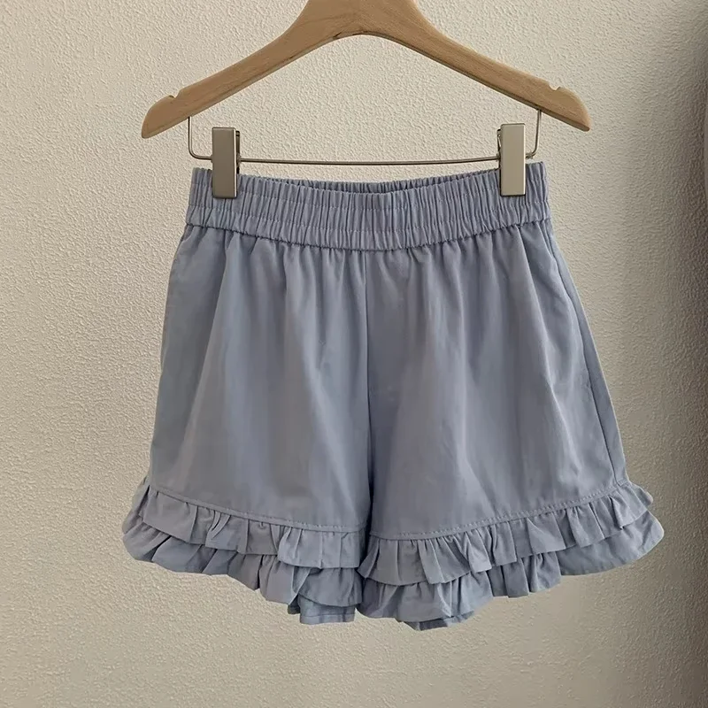 Damen-Shorts mit Rüschen, hoher Taille, lockerem, weitem Bein, 2025, Sommer, lässige Hose, Vintage-Tasche ​ Shorts Pantalones Cortos De Mujer