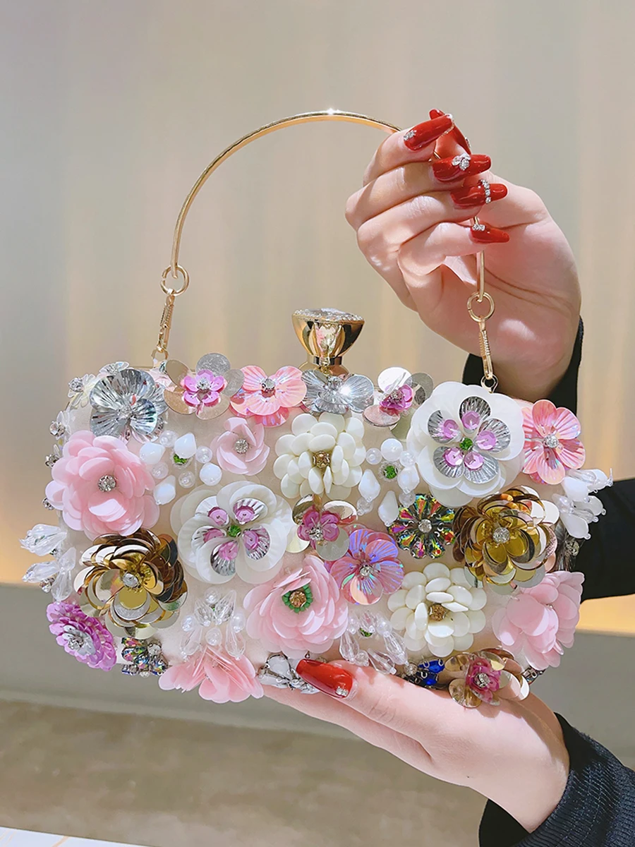 3D Beaded Flower Evening Bag, Elegant Box Clutch Purse, Women\'s Wedding Handbags For Party Prom