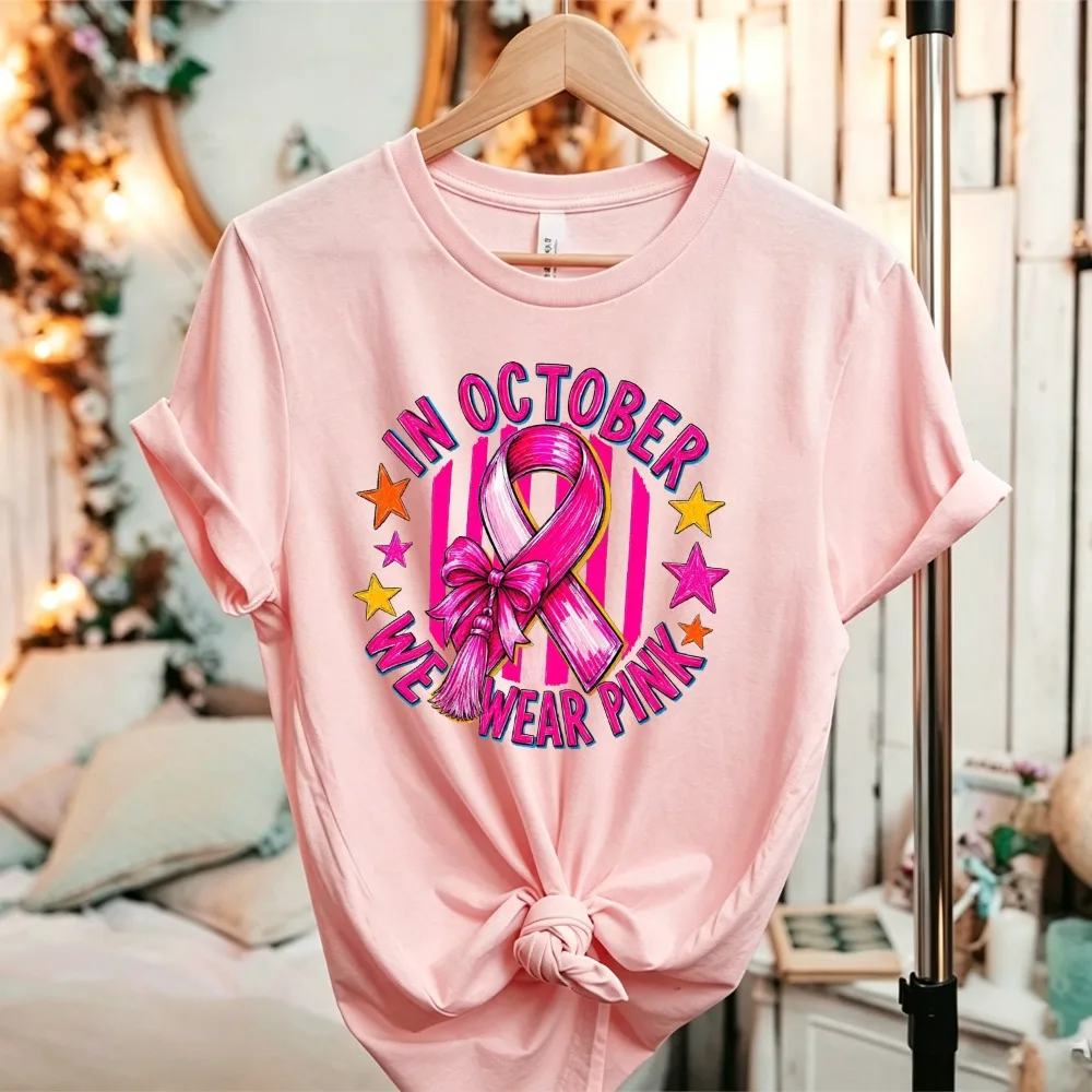 Women's in October We Wear Pink T Shirt Pink Ribbon Breast Cancer Awareness Short Sleeve Tee Casual Support Warrior Gift Tops