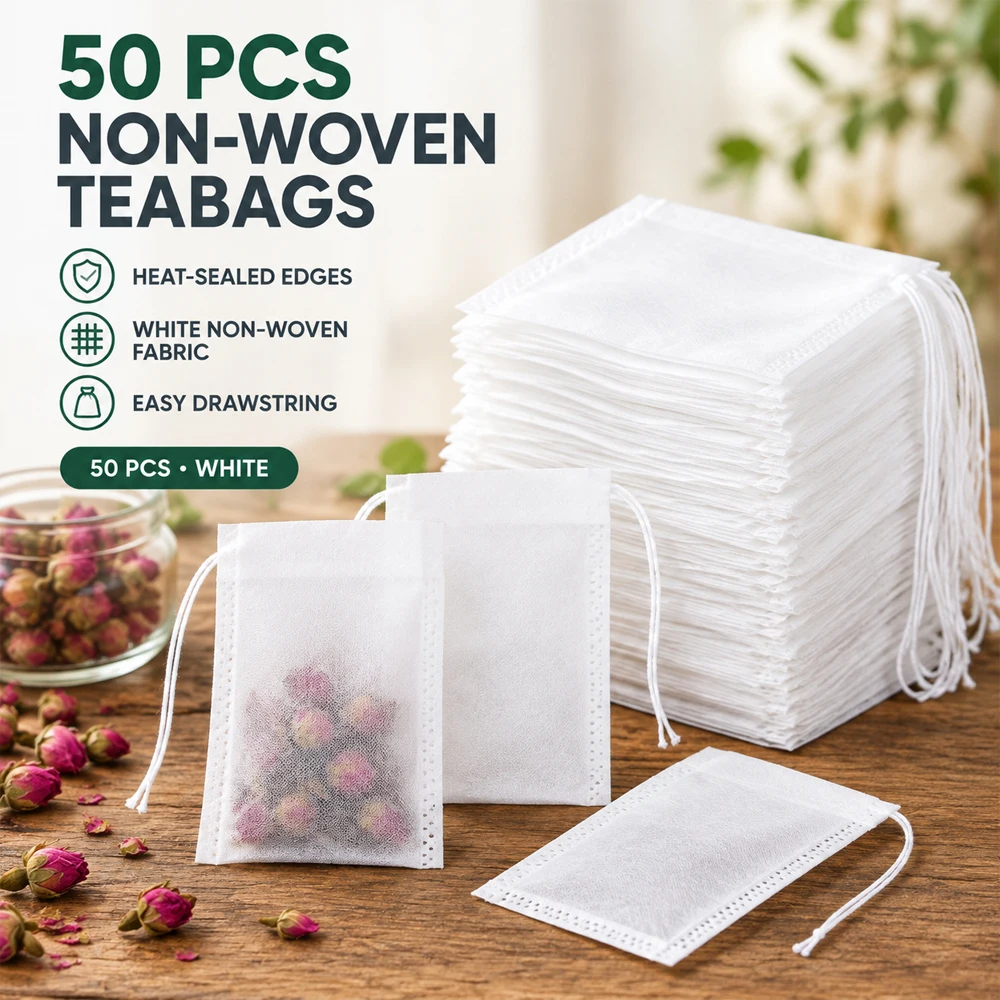 50/100Pcs Disposable Drawstring Tea Bags, Non-Woven Filter Pouches for Easy Cup Infusion, No Mess Loose Leaf Brewing