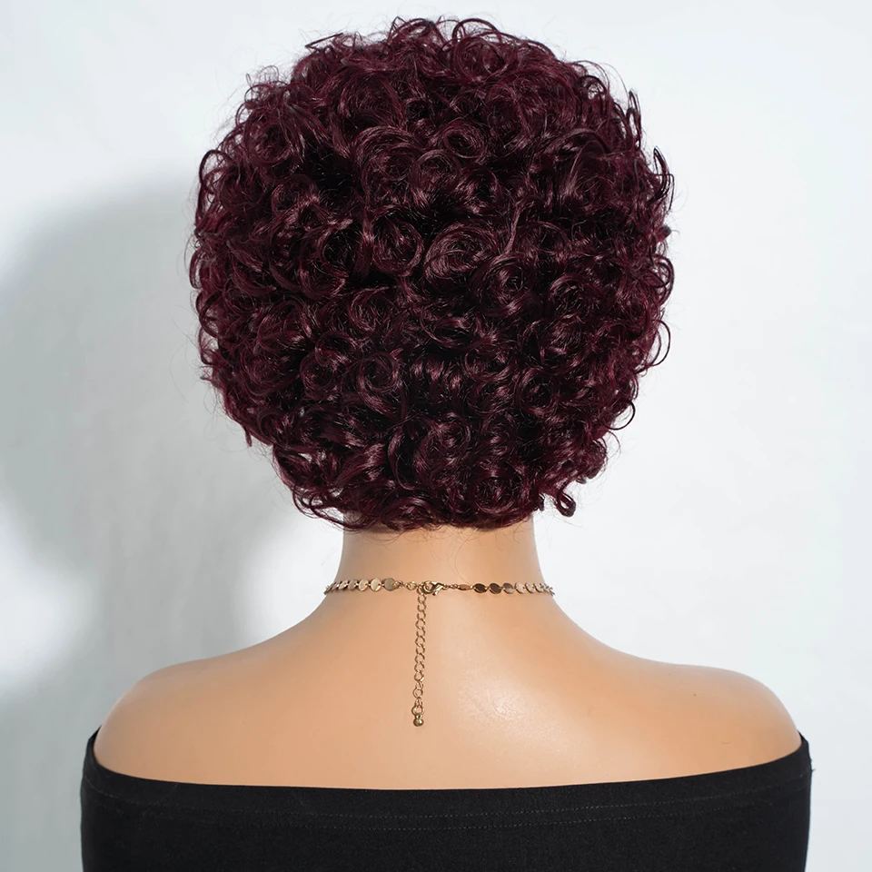 Lekker Kolorowe Krótkie Pixie Afro Kinky Curly Bob 100% Peruka z Włosów Ludzkich Dla Kobiet Brazylijskie Włosy Remy Burgundy 99j Pełne Peruki Maszynowa