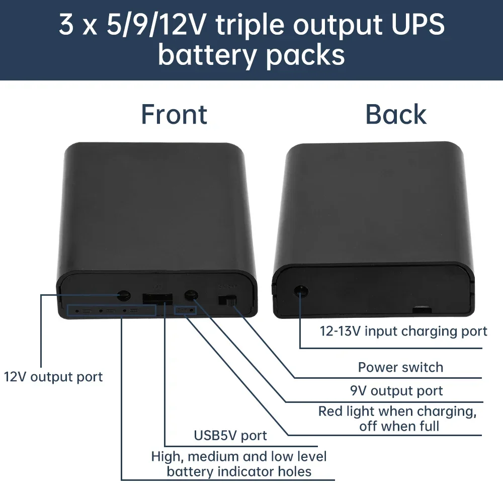 UPS Uninterruptible Power Supply Box 5V 9V 12V Lithium Battery 3pcs 18650 Soldering Free Kit Ready to use Router Optical Cat