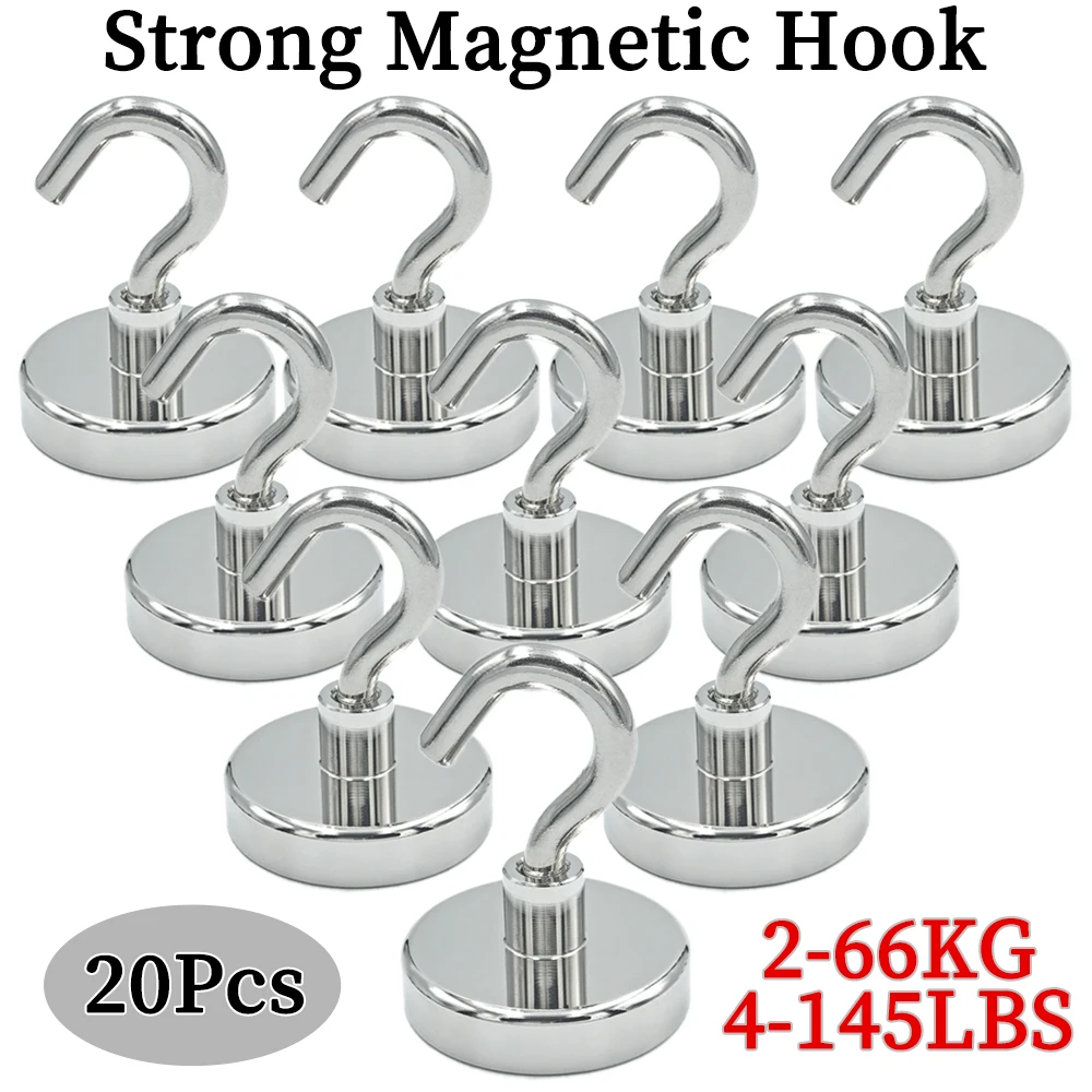 10/20Pcs Super Strong Neodymium Powerful Magnetic Hooks Ring Metal Magnet with Curved Hook Hanger for Hanging,Fridge,Wall,Key