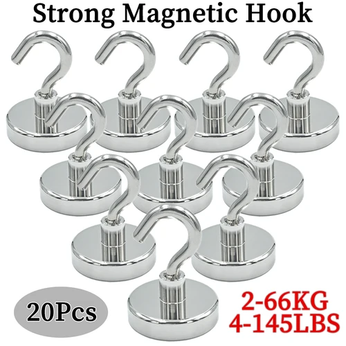 Imagen 1 del producto Anillo de ganchos magnéticos de neodimio superfuerte, imán de Metal con gancho curvo, colgador para colgar, nevera, pared, llave, 10/20 piezas