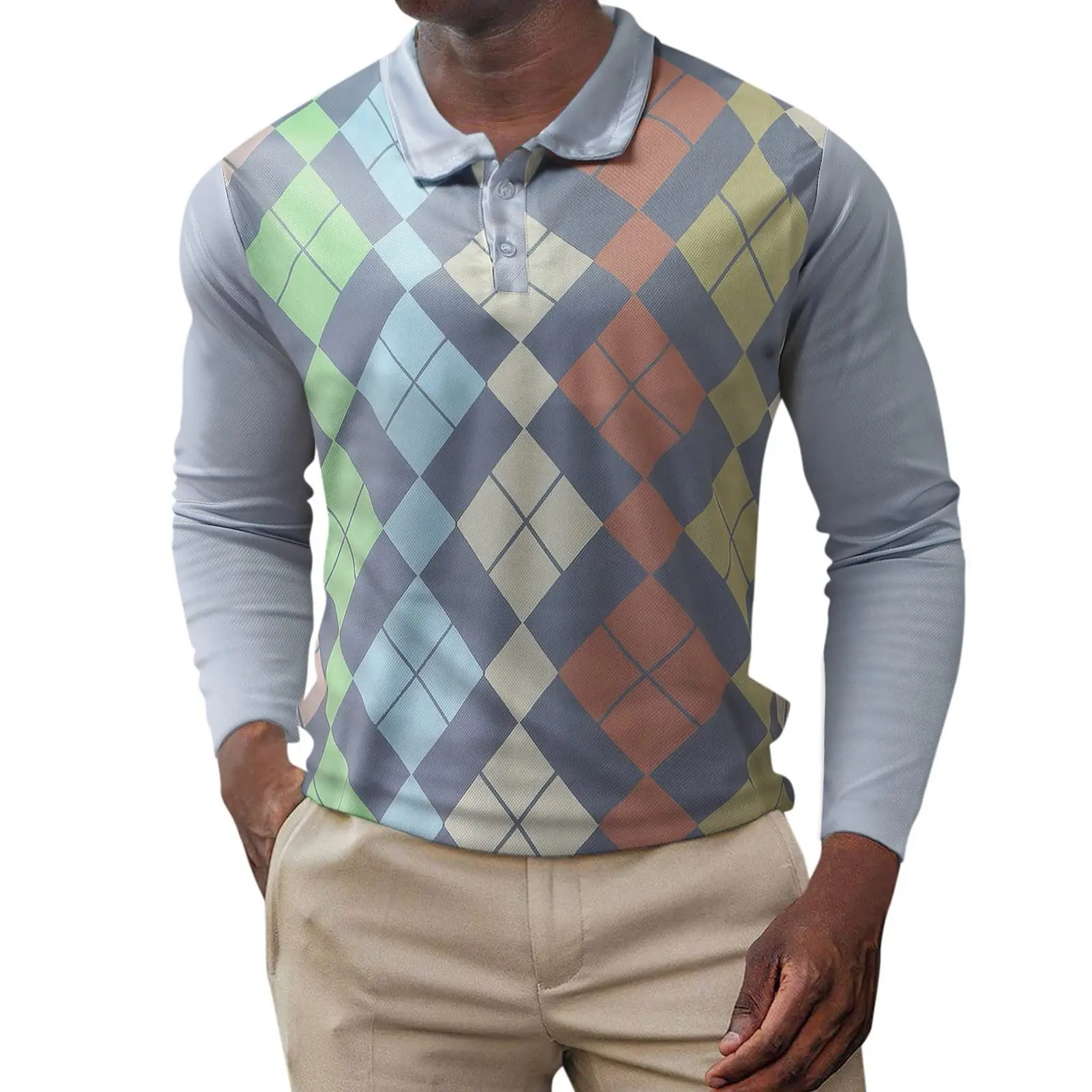 

Men's Diamond Check Retro Long Sleeve Polo Shirt Lapel Sports Leisure Outdoor Office Daily Wear Button Spring Autumn Winter